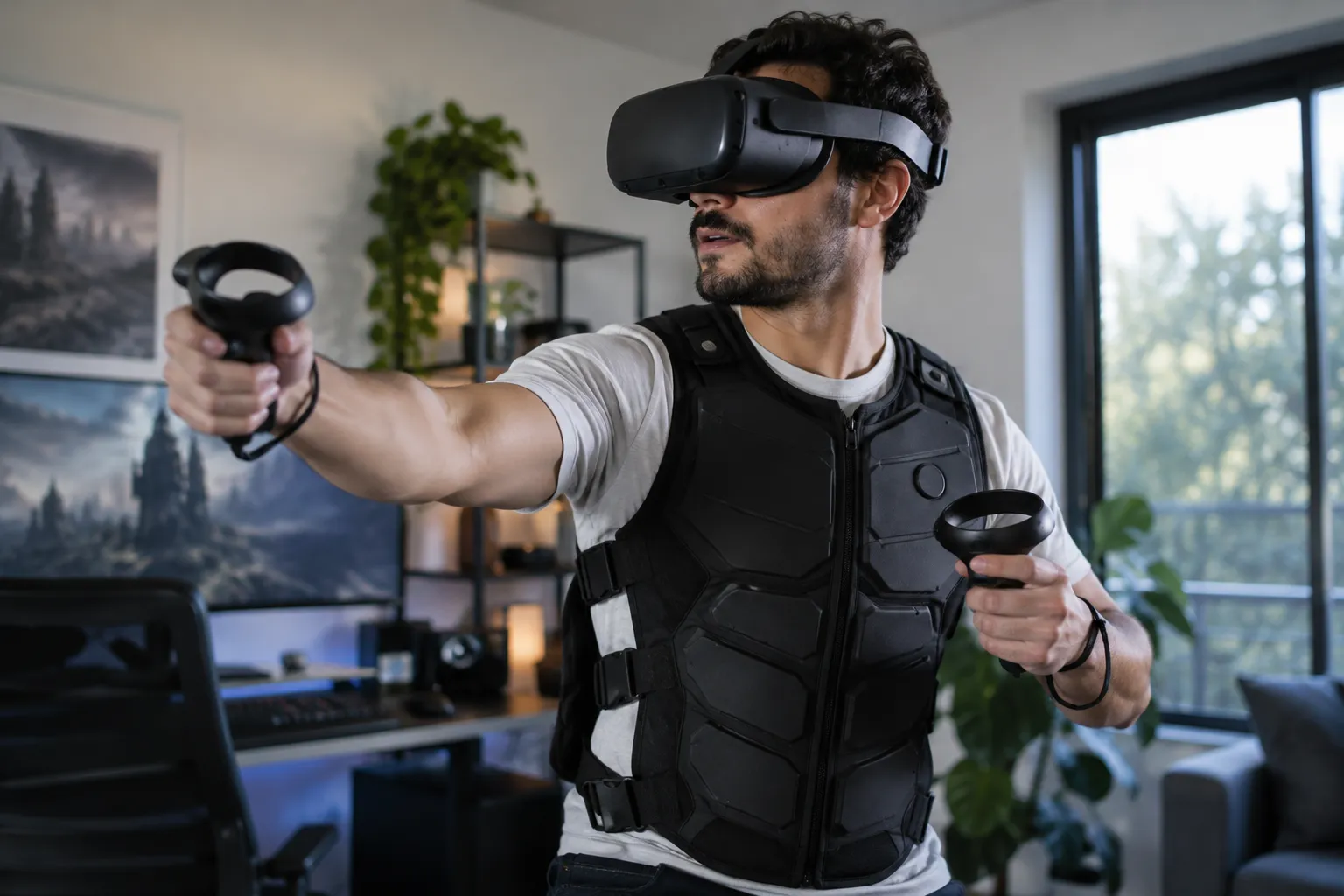 VR gözlüğü ve haptik yelek ile sanal gerçeklik oyunu deneyimleyen kullanıcı